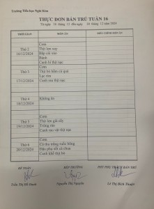 THỰC ĐƠN BÁN TRÚ TUẦN 16
