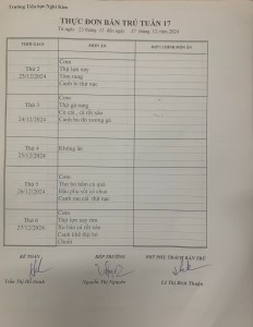 THỰC ĐƠN BÁN TRÚ TUẦN 17