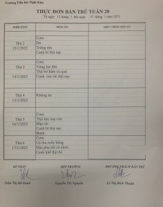 THỰC ĐƠN BÁN TRÚ TUẦN 20