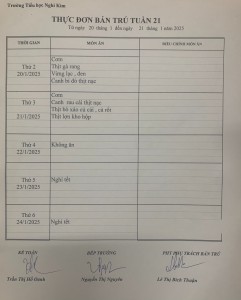THỰC ĐƠN BÁN TRÚ TUẦN 21