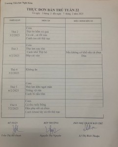 THỰC ĐƠN BÁN TRÚ TUẦN 22