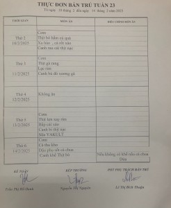 THỰC ĐƠN BÁN TRÚ TUẦN 23