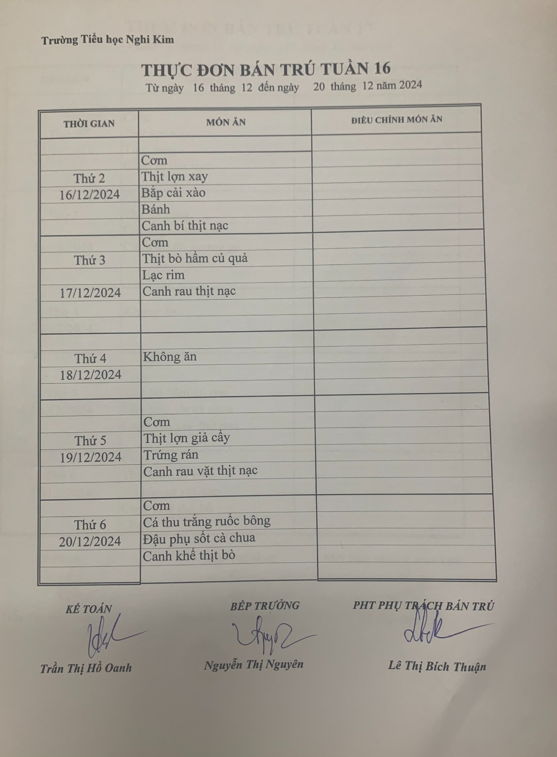 THỰC ĐƠN BÁN TRÚ TUẦN 16