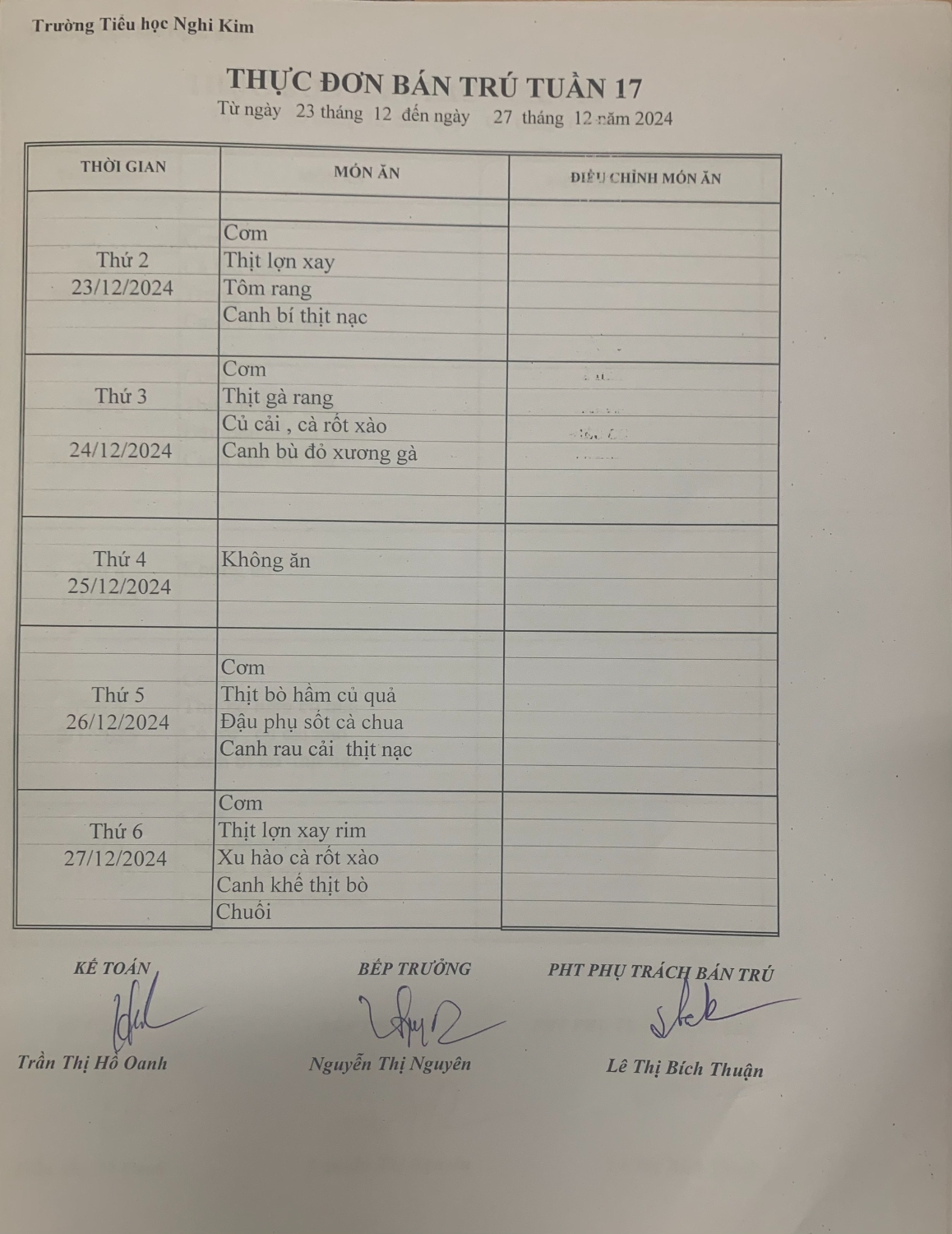 THỰC ĐƠN BÁN TRÚ TUẦN 17