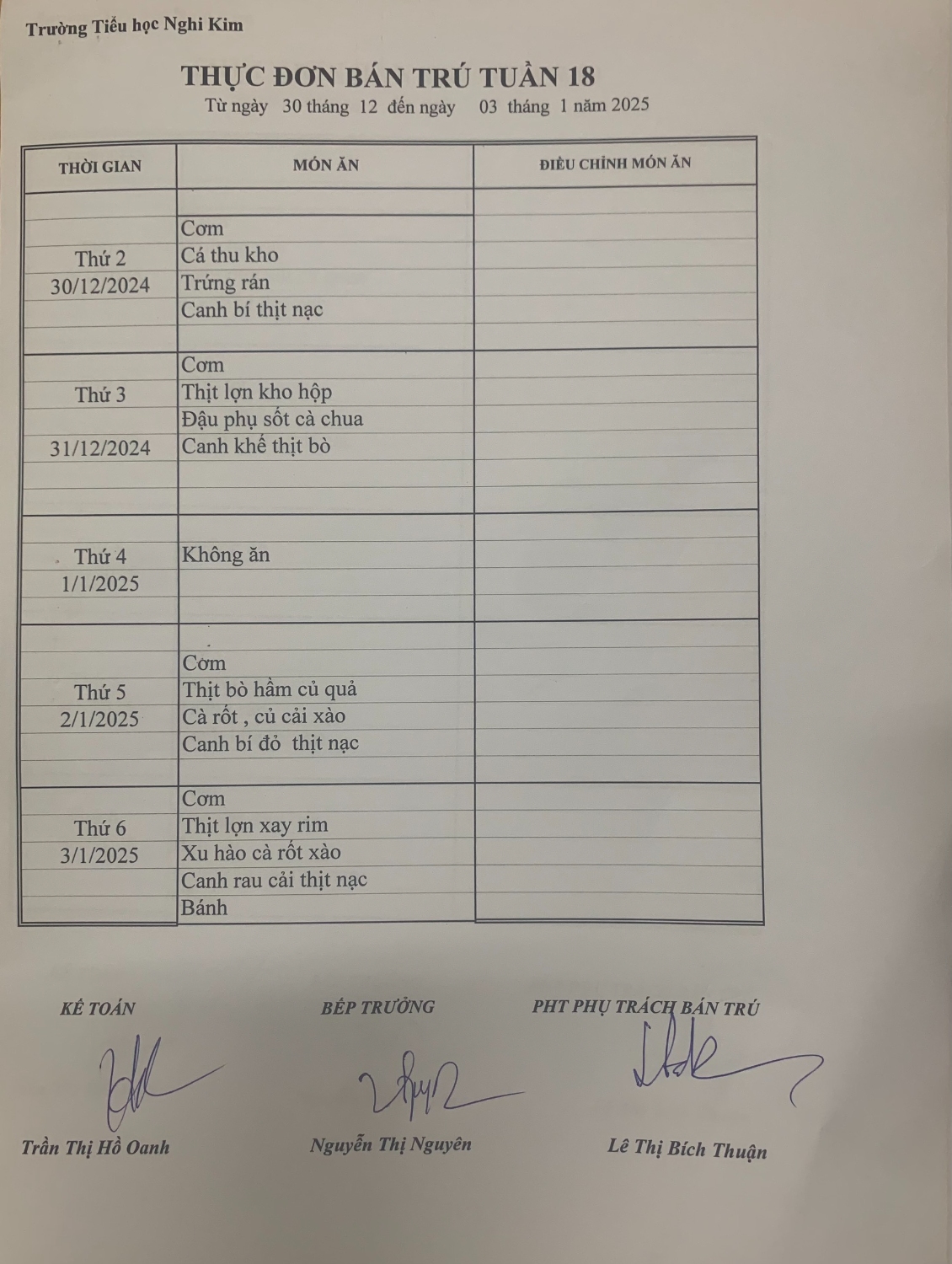 THỰC ĐƠN BÁN TRÚ TUẦN 18