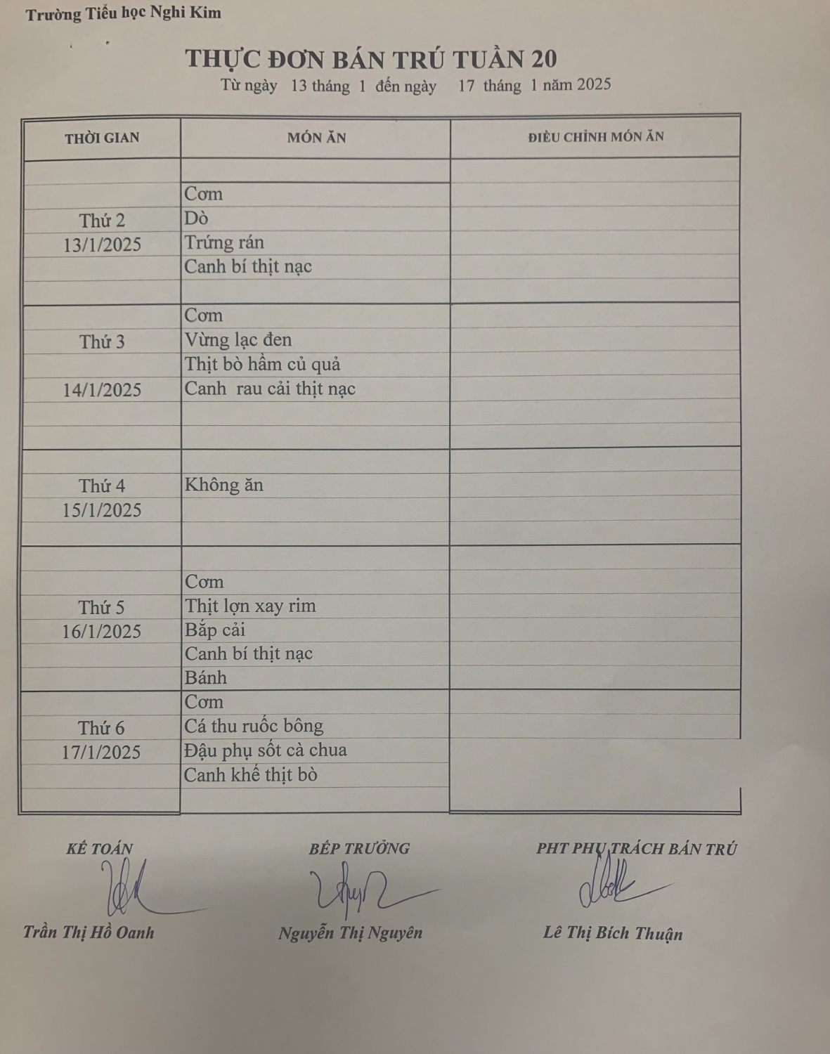 THỰC ĐƠN BÁN TRÚ TUẦN 20