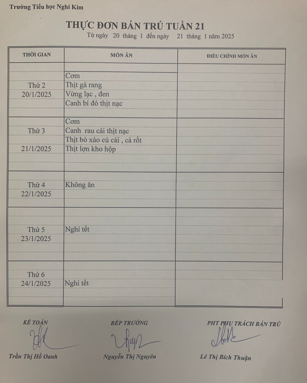 THỰC ĐƠN BÁN TRÚ TUẦN 21