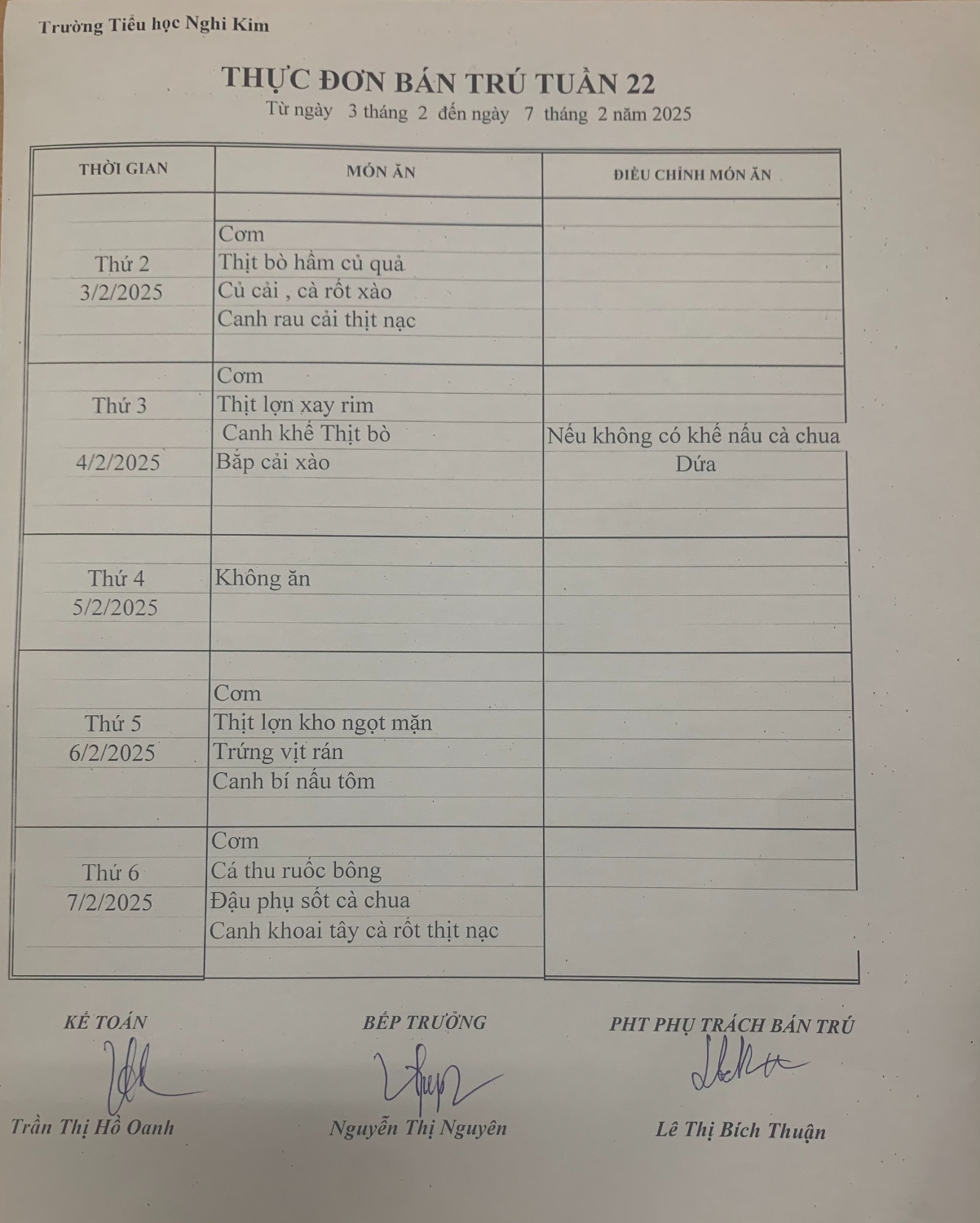 THỰC ĐƠN BÁN TRÚ TUẦN 22