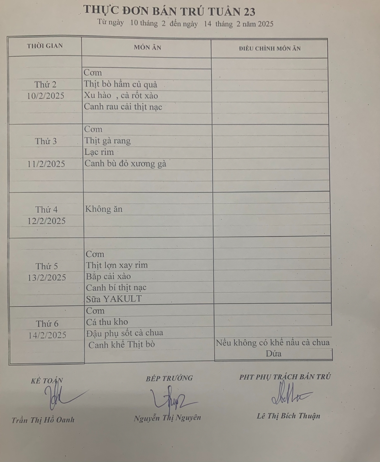 THỰC ĐƠN BÁN TRÚ TUẦN 23
