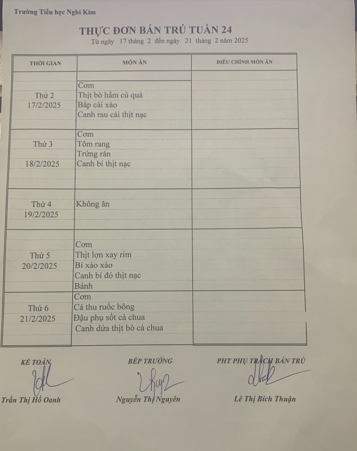 THỰC ĐƠN BÁN TRÚ TUẦN 24