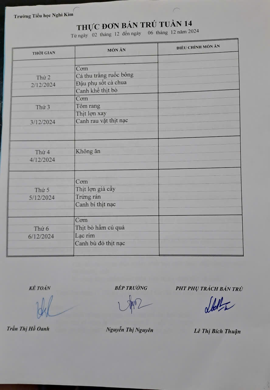 THỰC ĐƠN BÁN TRÚ TUẦN 14