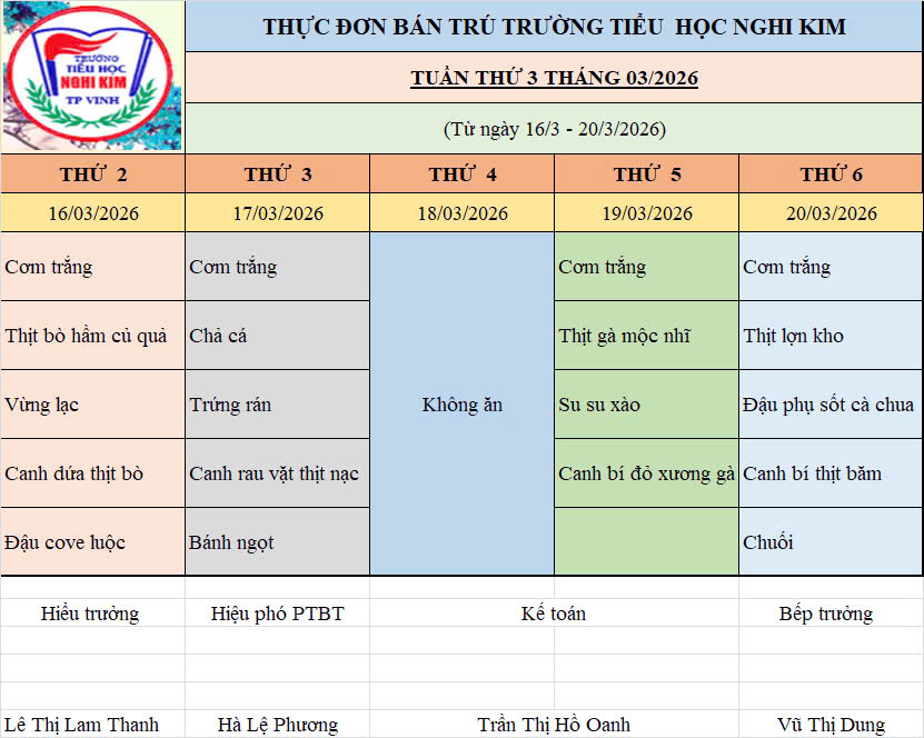 THỰC ĐƠN TUẦN THỨ 3 THÁNG 3.2026