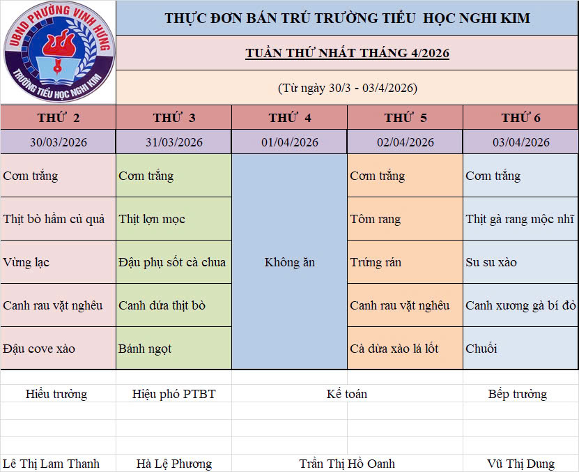 THỰC ĐƠN BÁN TRÚ TUẦN THỨ NHÁT THÁNG 4/2026